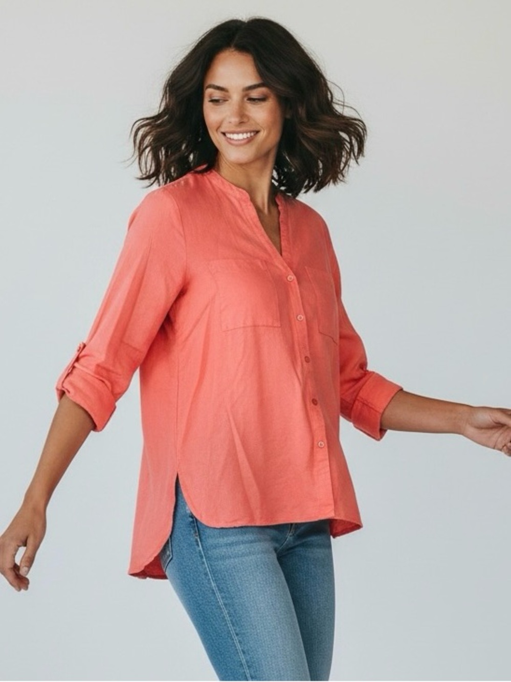 Nine West Coral Tunic Blouse S Button-Up Top Lagenlook Linen Blend OfficeCore